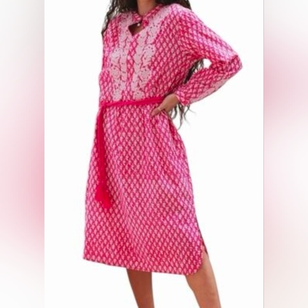 NWT Ex Voto Ivy Caftan Midi Dress Raspberry Block Print Embroidered Belt Size S - Picture 4 of 5